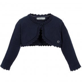 Softly knitted in fine cotton, this Navy cardigan will be comfortable for little girls to wear. In a bolero style, it has a single button fastening and pretty crocheted edging. 