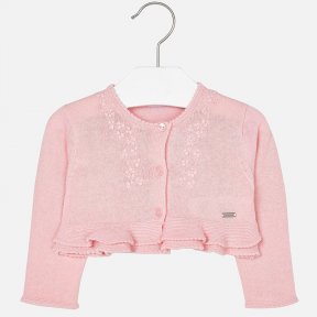 This pink cardigan by Mayoral is made in a soft cotton knit. It has pretty detailing to the edges and fastens with 3 buttons, and has delicate flowers embroidered into the front.