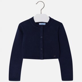  This navy cardigan by Mayoral is made in a soft cotton knit. It has pretty detailing to the edges and fastens with 4 buttons, Soft knit. 