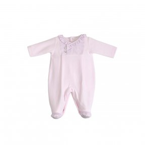 Laranjinha soft velour babygrow with cotton fine stripe detail on the chest & collar. It fastens between the legs and at the back with colored poppers. Decorative mother-of-pearl buttons. AW18 18365