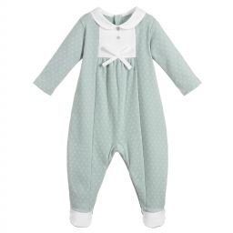 Laranjinha printed cotton jersey babygrow with plain cotton jersey details on chest and feet. It fastens at the back and between the legs with coloured poppers. Soft cotton collar. Decorative bow and mother-of-pearl buttons. AW18 18412 