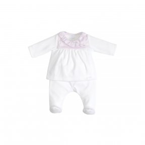 Laranjinha white 2 piece soft velour outfit. Pink collar, bib and feet with tiny grey dot detail. Cross over at the front. AW18 18336