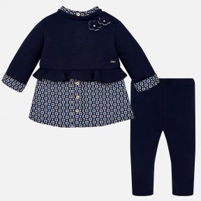 Mayoral baby girls navy blue jersey leggings set. Outfit includes a layered look jersey top with flower applique which fastens on the back with buttons and a pair of navy blue leggings. A/W18 27933