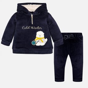 Mayoral baby girls velour navy blue tracksuit, hooded sweatshirt has a dog applique on the front and the bottoms have a bow for decoration. A/W18 2890