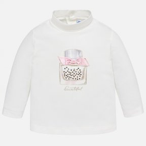 Mayoral baby girls long sleeved top  with a turtle neck. It has hidden clasp fastenings . It has a perfume bottle  printed on the front of the t-shirt and bow detail. A/W 18 2000