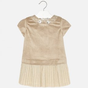 Mayoral mini. Girls mink and gold short sleeved dress with round neck. Pleated detailing on the bottom part of the dress with an invisible zip at the back. It is made from velvet fabric and has appliqued flowers and imitation rhinestones as decoration to 