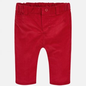 Mayoral newborn red cord long trousers for baby boy. The trousers are lined in a jersey fabric. The waistband is elasticated  with a button fastening. They have two  pockets on the back. A/W18 591