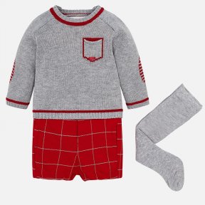 Mayoral newborn  baby boys three piece set, includes a jumper, tights and contrasting shorts. The grey round neck jumper has red detail to the elbows, neck, cuffs and hem. There are button fastenings on the shoulders. The red shorts have an elasticated wa