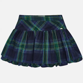 Mayoral navy and green tartan frilled skirt. Double layered skirt with a concealed side zip and adjustable waist.