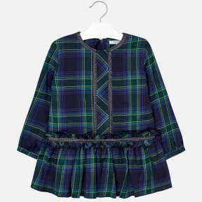 Mayoral girls navy and green tartan dress. Fully lined with a concealed back zip fastening. Frilled skirt with long sleeves.