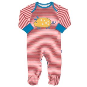 BU0196 This yarn dyed stripe sleepsuit with cute farm life piggy appliqué and azure blue trim is a very special sleepy time outfit, designed with little people in mind. Made from super soft organic cotton too.