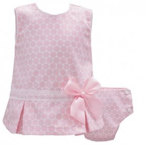 Pale pink and white spotted with bow and lace embellishment to the front, fully lined with fastening to the back. Matching pants. Pretty Originals ME 00109.