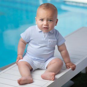 Tutto Piccolo boys two-piece shorts set , blue top, check collar ,pocket, blue and white check shorts.  SS19 6684