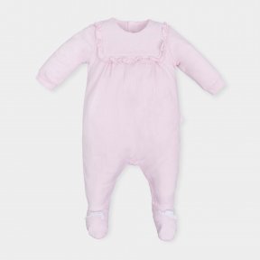 Tutto Piccolo Baby girls pink babygrow, frill detail, white bows on feet, fastens down the back  ss19 6181 