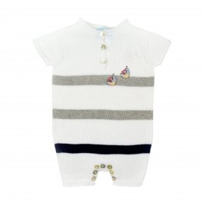 Floc short leg romper, soft cotton knitted material,grey and navy stripe, button fastening to the front,sailboat decoration to the chest with button fastening between the legs SS19 301559