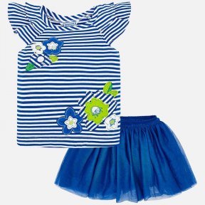 Mayoral girls skirt and t-shirt set. Royal blue, cotton and tulle, ruffle, striped, flowers.