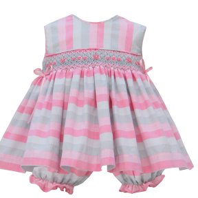 pretty originals pink & grey striped dress & pants, smocking, bow detail. SS19 ME00101P