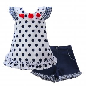 Pretty Originals navy blue & white short set, headband, red roses, checked frills, lace trim  SS19 MC 1188 