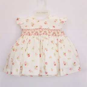 Pretty Originals, cream, pink rose-bud print, cotton, smocked frill dress baby girls. SS19 ME00123