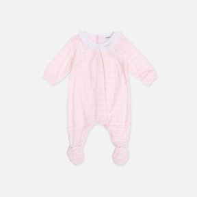 Tutto Piccolo pink velour babygrow with striped effect, white collar, bow detail on the feet A/W 7182 