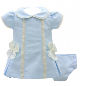 Pretty Originals blue dress with lace trims, bow detail, matching pants & headband. MT00939