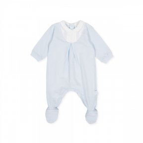 Tutto Piccolo baby blue & white babygrow with a pleated yoke with embroidery detail & collar. Popper fastening to the back & between the legs. 100% cotton 8081
