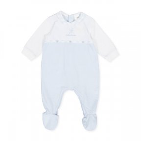 Tutto Piccolo baby blue & white babygrow  with checked collar. Embroidery of a little windmill on the front & button detail across the chest. Popper fastening to the back & between the legs. 100% cotton 8082