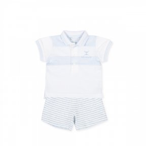 Tutto Piccolo two-piece shorts set made in soft cotton. The shorts are in a fine blue and white stripe, with elasticated waist. The white & pale blue polo top has a logo embroidered on the chest & buttons at the neck. 8682