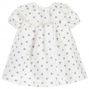 Wedoble little girls summer dress. Fully lined with full length button fastening at the back. Detailed with a pretty peter-pan collar with trim and short elasticated sleeves.