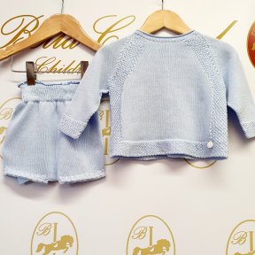 Floc Baby boys cotton knitted pale blue jumper, short set, button fastening, elastic waist.