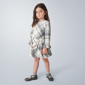 Mayoral mini girls long sleeved checked dress, cream, grey, brown, bow A/W2021 4969