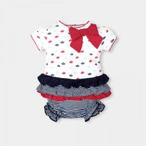 Tutto Piccolo girls boat pattern, red, white & blue, frilled dress and pants set.