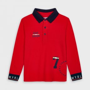 Mayoral mini boys long sleeved red polo top, navy collar, decorative print 4135 AW20