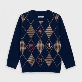 Mayoral mini boys navy long sleeved round neck knit jumper, rhombus pattern 4325 AW20