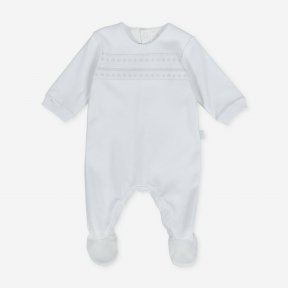 white baby grow, embroidered trim, back popper fastening. Tutto Piccolo 9089