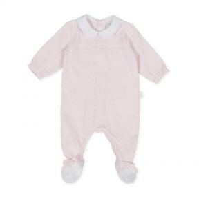 Tutto Piccolo pink baby grow, white collar, embroidered trim, back popper fastening. 9182