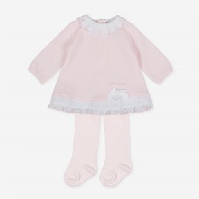 Tutto Piccolo pink dress with matching tights. white hem, bow detail 9787