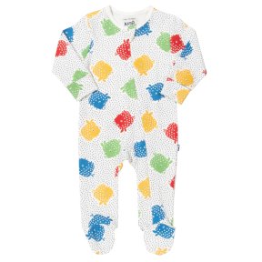 Kite organic cotton sleepsuit, colourful piggy pattern, front zip fastening, red, blue, green, yellow. 038032BUS