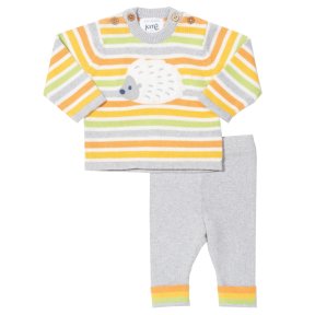 knit stripy organic cotton top, hoglet applique,  knit bottoms, elasticated waist orange, green, yellow, grey 038049BUM