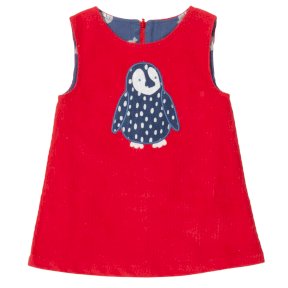 reversible red corduroy dress, penguin applique, navy seal print, zip fastening, 100% organic cotton 048074BGD