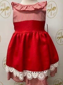 Babine red, white dress, gingham, lace detail, button fastening 212284