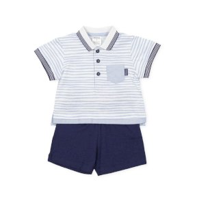 Tutto piccolo two piece shorts and short sleeved t-shirt set, pale blue, white striped top, button fastening, navy elastic waist shorts 1699