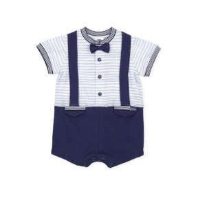 Tutto piccolo pale blue, white, navy romper, short sleeved, button front, popper crotch. 1299