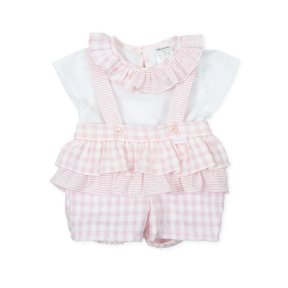 Tutto Piccolo Checked short dungaree and t-shirt set, pink, white 1582