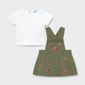 Mayoral Baby girls short sleeved white top, button fastening, olive green skirt dungarees, embroidered flowers, popper fastening. 1659