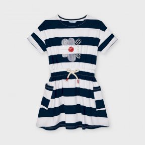 Mayoral Mini girls short sleeved striped dress, blue, white, fitted waist, front pockets 3957