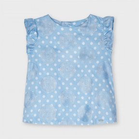Mayoral Mini girls blue blouse, white polka dots, back button fastening. 3188
