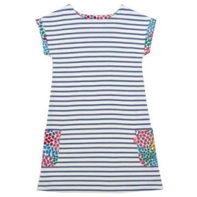 Kite organic cotton short sleeved A-line dress, blue white stripe, ditsy print to pockets. 11-9438-OGD