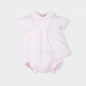 Tutto Piccolo little girls pink dress and pant set, net overlay with white flower detail to the collar and hem.