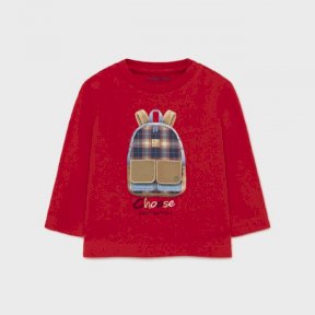 Mayoral baby boys long sleeved red t-shirt, round neck, popper fastening, embroidered print design to front 2064